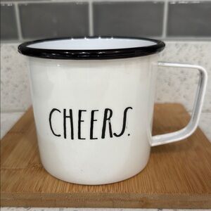 Rae Dunn CHEERS White Enamel Mug with Black Rim